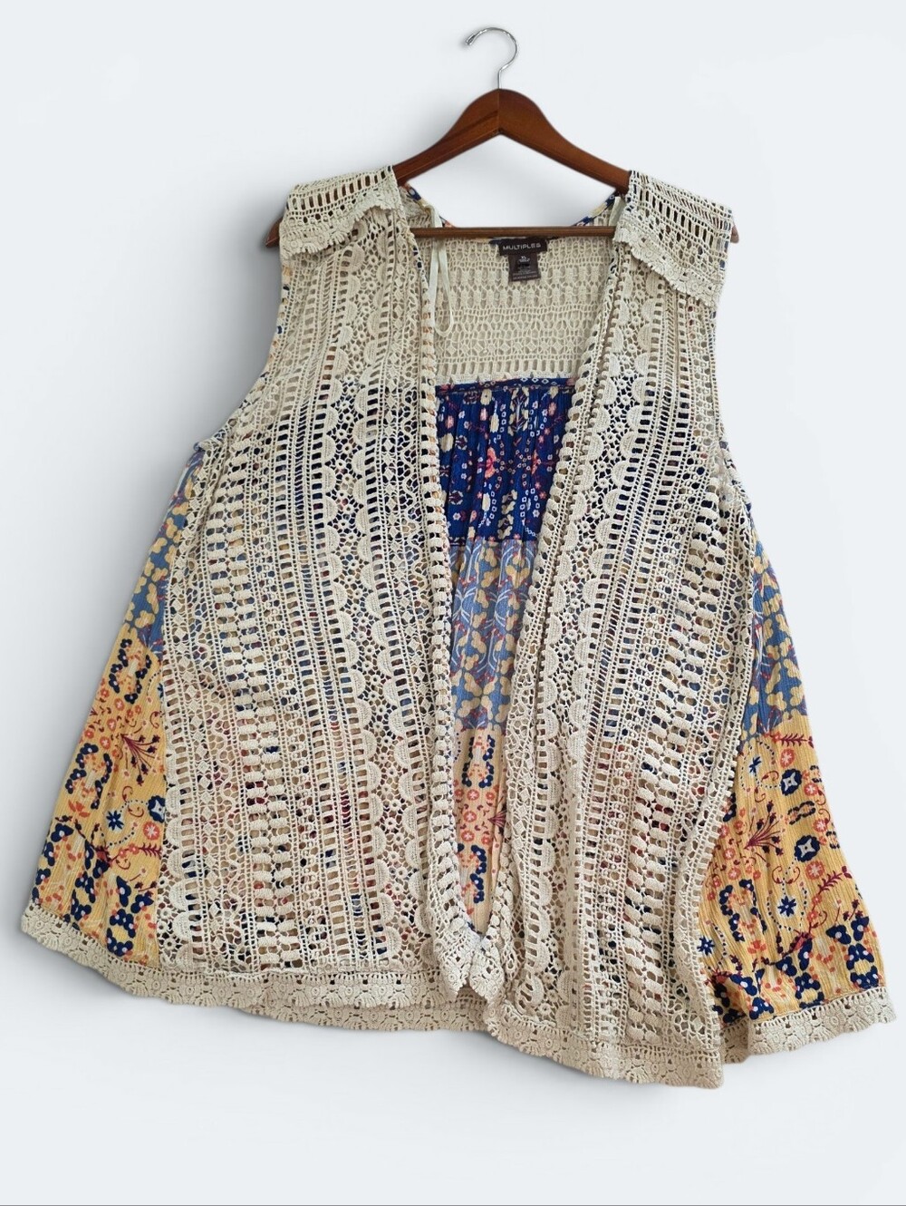 Multiples Boho Patchwork Print Crochet Open Front Vest – Size XL
